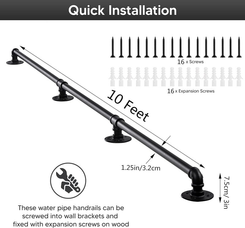 Senmit Handrail for Indoor Stairs - 10 Feet Wall Mount Industrial Iron Pipe - Metal Railing Non-Slip Grab Bar - Stairs Porch Deck Hand Rail Matte Black - Image 2